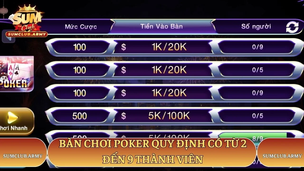 Bàn chơi poker Sumclub quy định có từ 2 đến 9 thành viên Sumclub Bàn chơi poker Sumclub quy định có từ 2 đến 9 thành viên Sumclub