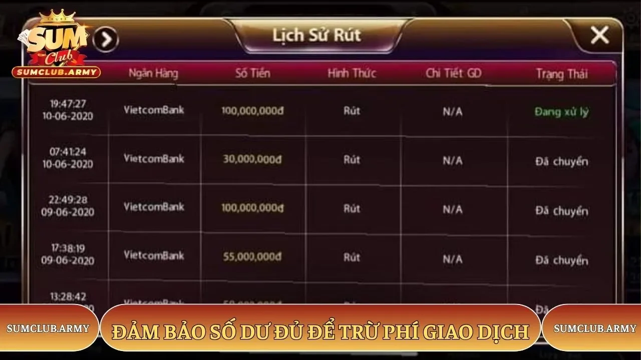 Đảm bảo số dư đủ để trừ phí giao dịch Sumclub Đảm bảo số dư đủ để trừ phí giao dịch Sumclub